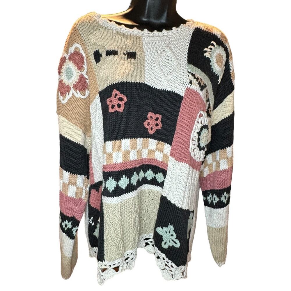 Vintage Heirloom Collectible Patchwork Knit Sweater Sz S Ramie Cotton 90s